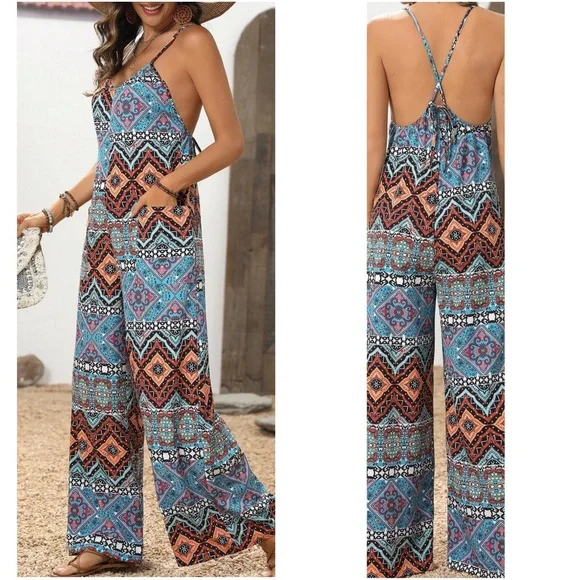 Solid Navy Blue Criss cross Tie Pockets Wide leg Jumpsuit - Picture 8 of 9